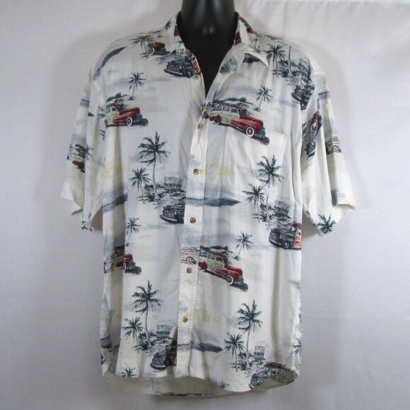 Boca Classics Mens Short Sleeve Button Down Shirt w\ Car Beach Scene Print Sz L - Picture 1 of 6